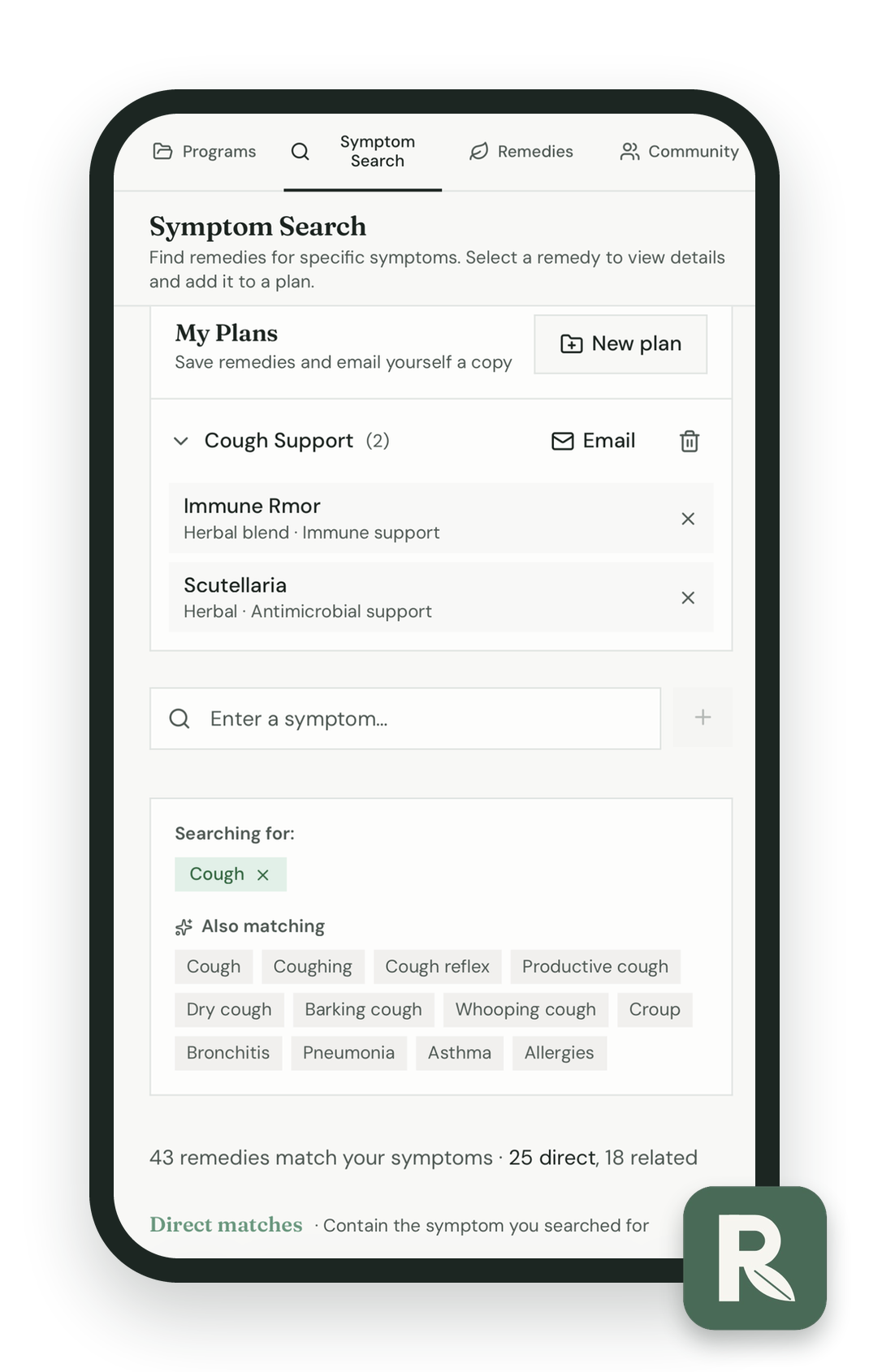 Rootly app showing symptom search, saved remedy plans, and matching remedies